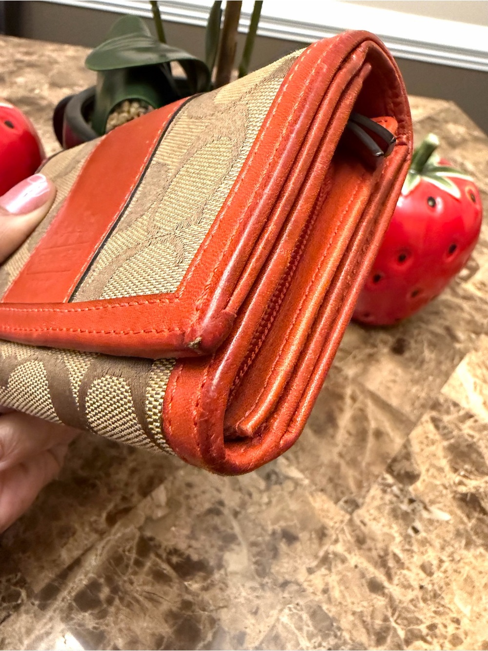 Coach Signature Canvas Bifold Wallet in Brown and Orange/Red - Picture 6 of 17